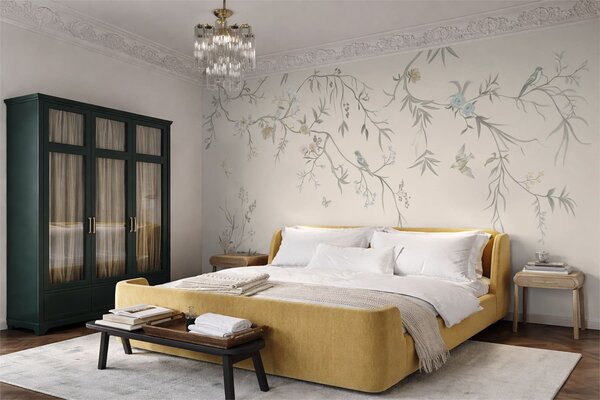 Tapet Ramuri florale cu păsări pe un fundal deschis, Fototapet Flori, w05127v7 : Uwalls.ro