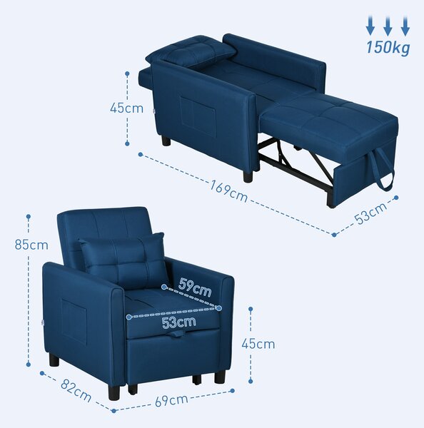 HOMCOM Fotoliu Pat Individual cu Spătar Reglabil pe 3 Nivele, 2 Roți și Pernă din Țesătură, 69x82x85 cm, Albastru | Aosom Romania