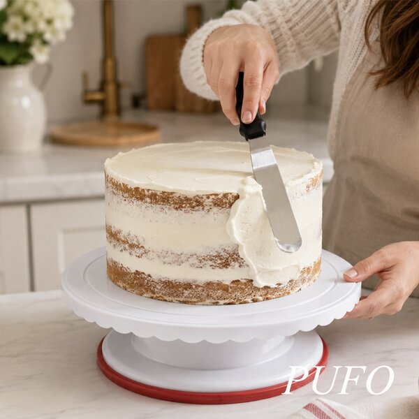 Platou decorativ rotativ Pufo Cake pentru prezentare si decorare tort, 27 cm, alb