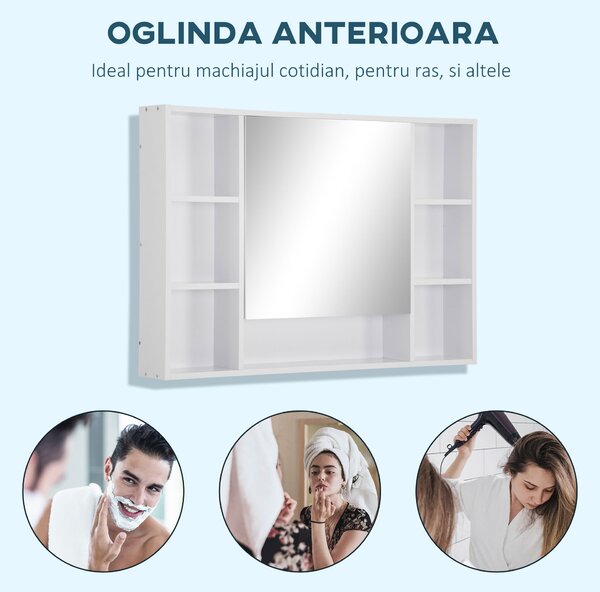 Kleankin Dulap cu Oglindă pentru Baie, Spațiu de Depozitare cu Rafturi, 100x15x70cm, Design Modern, Alb | Aosom Romania