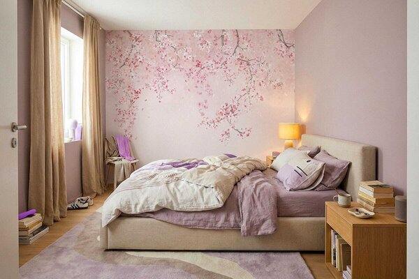 Tapet Ramuri cu flori roz pe un fundal pastelat delicat, Fototapet pădure, Fototapet copaci, w05129v1 : Uwalls.ro