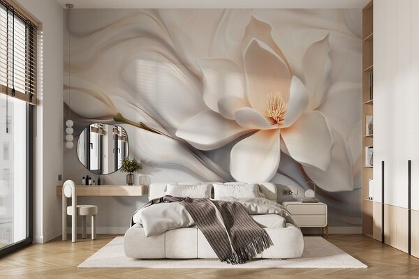 Tapet Magnolie albă tridimensională cu imitație de textură de marmură în relief, Fototapet Flori, w09729 : Uwalls.ro