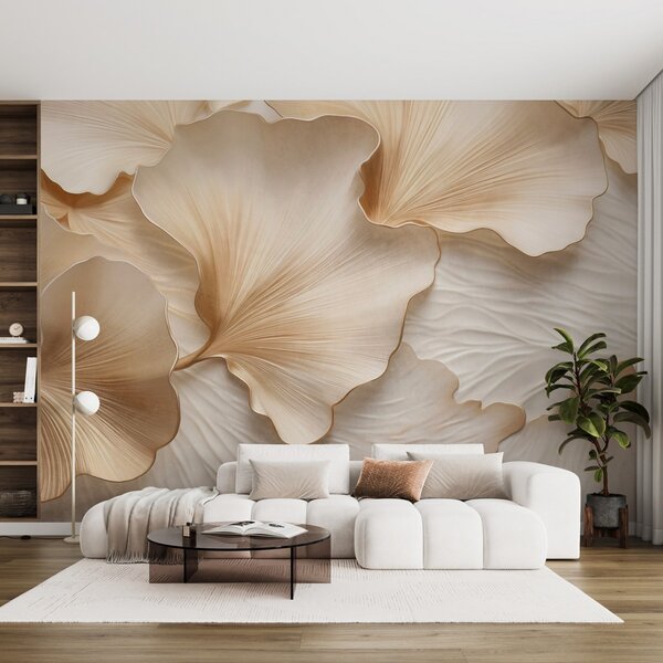 Tapet Petale texturate, bej și albe, cu imprimeu organic delicat, în formă de frunze de ginkgo, Fototapet Natură, w09741 : Uwalls.ro