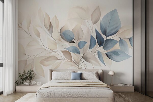 Tapet Frunze abstracte translucide în nuanțe de albastru, bej și crem, artă texturată, Imagini de fundal unice, w09744 : Uwalls.ro