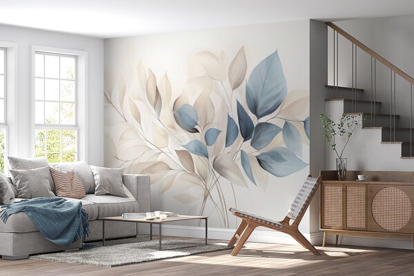 Tapet Frunze abstracte translucide în nuanțe de albastru, bej și crem, artă texturată, Imagini de fundal unice, w09744 : Uwalls.ro