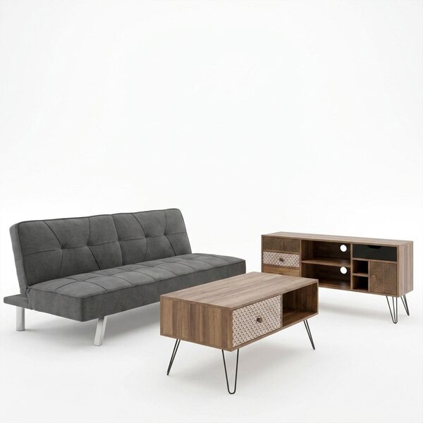Set dormitor studenti canapea, comoda TV si masuta de cafea, 3 buc, Travis Boho, Antracit, 175x83x74 cm