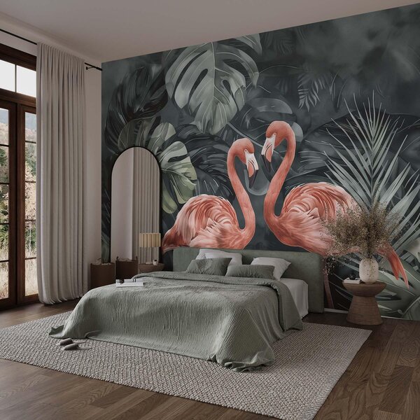 Tapet O pereche de flamingo în plante tropicale, Fototapet Natură, w09687 : Uwalls.ro