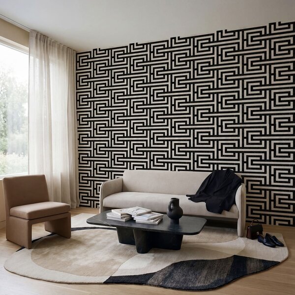 Tapet Model geometric alb-negru în formă de labirint, Tapet abstract, a01073 : Uwalls.ro