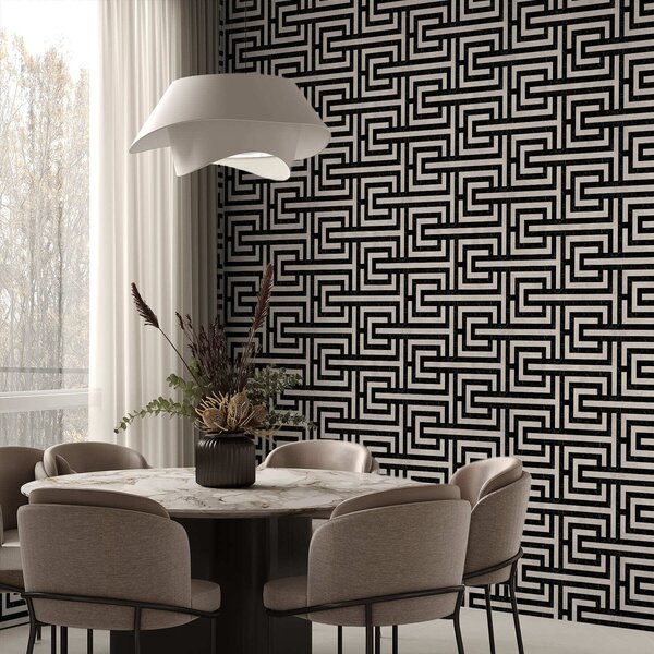Tapet Model geometric alb-negru în formă de labirint, Tapet abstract, a01073 : Uwalls.ro