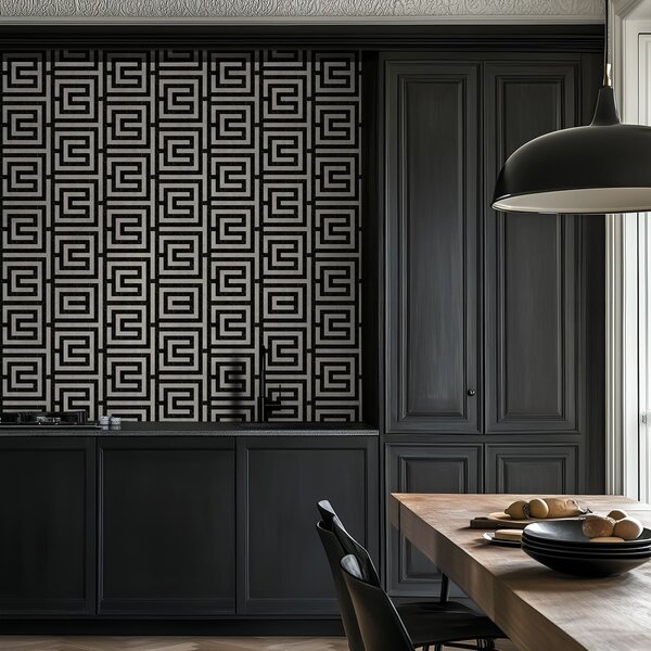 Tapet Model geometric alb-negru în formă de labirint, Tapet abstract, a01073 : Uwalls.ro