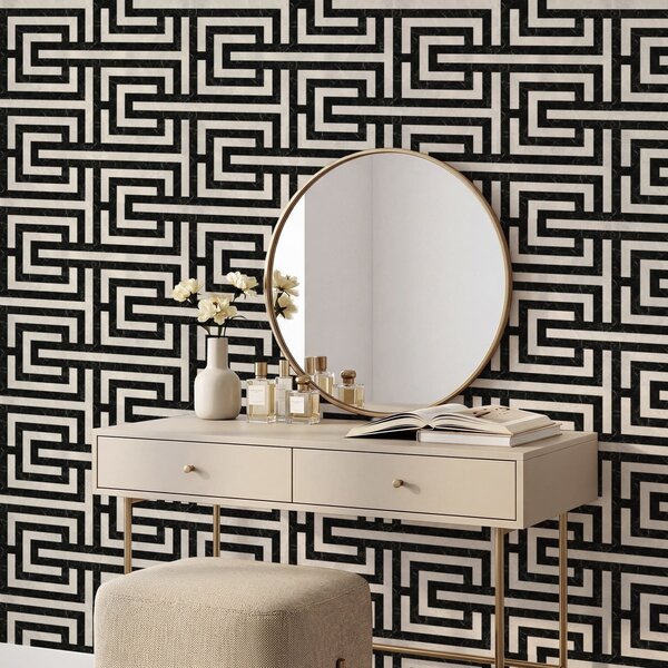 Tapet Model geometric alb-negru în formă de labirint, Tapet abstract, a01073 : Uwalls.ro