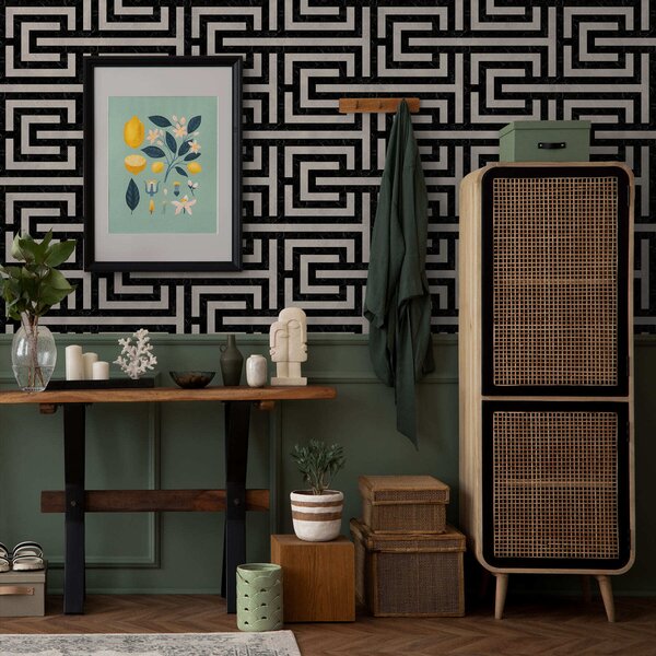 Tapet Model geometric alb-negru în formă de labirint, Tapet abstract, a01073 : Uwalls.ro