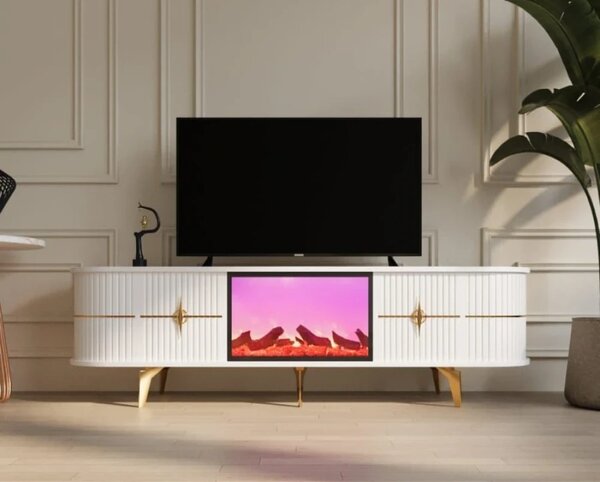 RESIGILAT- Comoda TV cu șemineu electric și riflaje, boxe Bluethooth, telecomandă, Alb/Auriu, 180x40x50cm