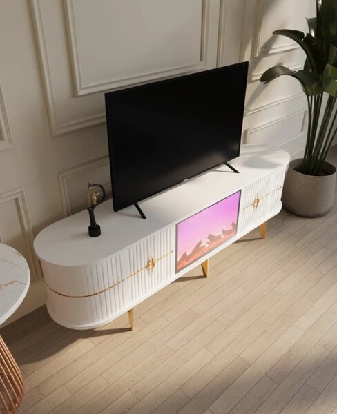 RESIGILAT- Comoda TV cu șemineu electric și riflaje, boxe Bluethooth, telecomandă, Alb/Auriu, 180x40x50cm