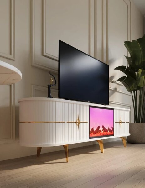RESIGILAT- Comoda TV cu șemineu electric și riflaje, boxe Bluethooth, telecomandă, Alb/Auriu, 180x40x50cm
