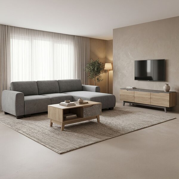 Set mobilier studenti coltar reversibil, masuta de cafea si comoda TV, 3 buc, Swing, Gri, 287x161x71 cm