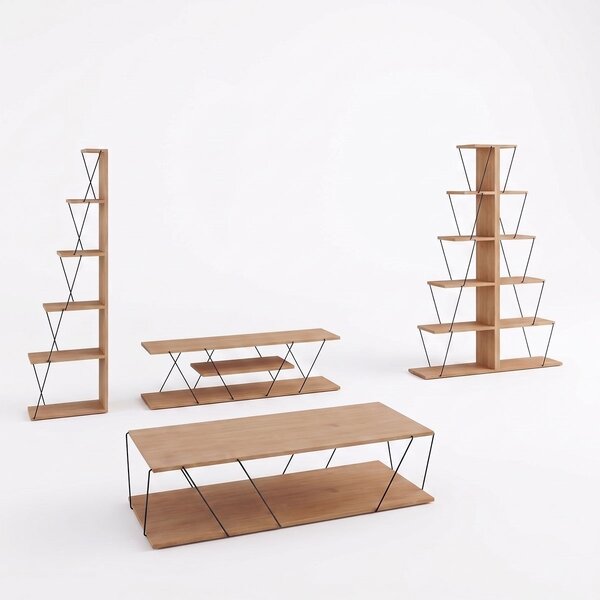 Set mobilier living masuta de cafea, 2 biblioteci si comoda TV, 4 buc, Tars, Stejar, 120x50x30 cm