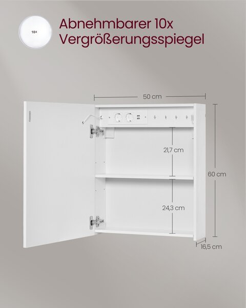 Dulap baie cu oglinda LED Vasagle, Kailyn, Alb perlat, 50x16.5x60 cm