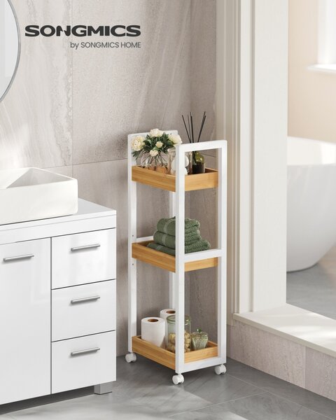 Raft baie Songmics, Bambou, Alb, 30x20x80cm