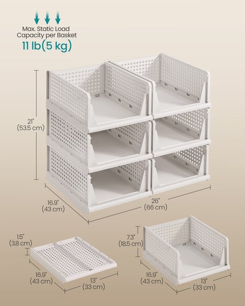 Set 6 cutii de depozitare stivuibile dulap haine Songmics, Dennys, Alb, 33x43x18.5cm