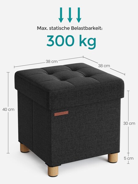 Taburet cu spatiu depozitare otoman Songmics, Melisa, Negru, 38x38x40 cm