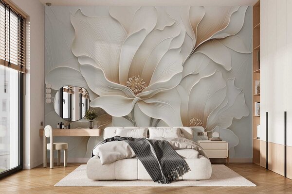 Tapet Relief cu flori bej în relief, prim-plan, Fototapet Flori, w05269 : Uwalls.ro