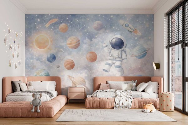 Tapet un mic astronaut printre planete și stele, Imagini de fundal unice, w05233 : Uwalls.ro