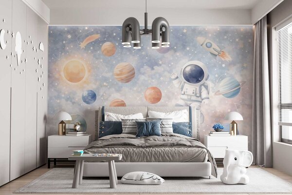 Tapet un mic astronaut printre planete și stele, Imagini de fundal unice, w05233 : Uwalls.ro