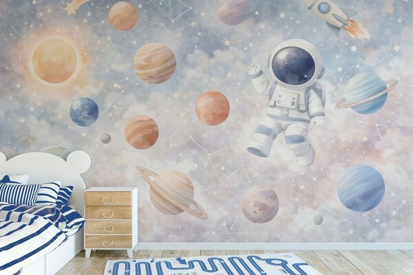 Tapet un mic astronaut printre planete și stele, Imagini de fundal unice, w05233 : Uwalls.ro