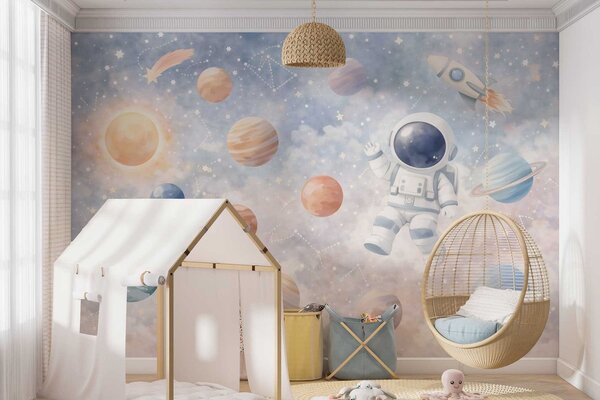 Tapet un mic astronaut printre planete și stele, Imagini de fundal unice, w05233 : Uwalls.ro