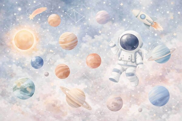 Tapet un mic astronaut printre planete și stele, Imagini de fundal unice, w05233 : Uwalls.ro