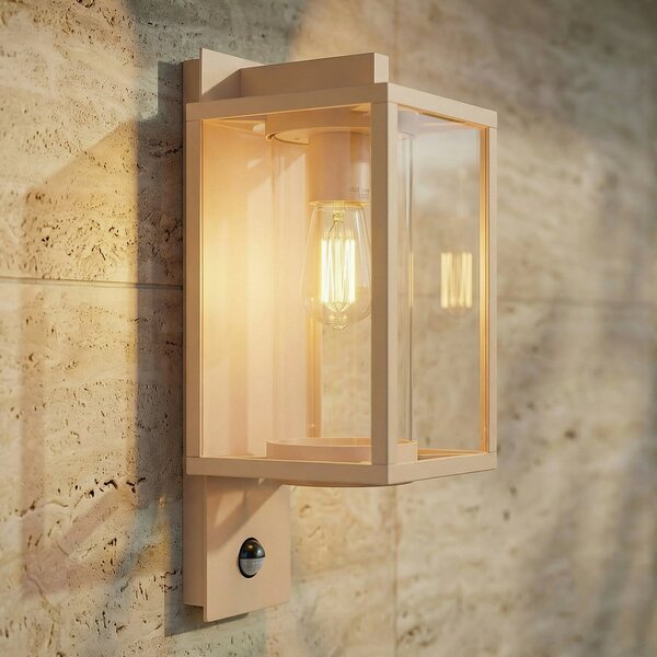 Lucande Lampă de perete exterior Ferda, senzor, soclu în partea inferioară, bej, reglabil, Bej, Aluminiu, Modern, Perete unghiular