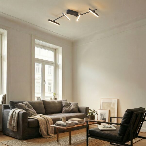 Lindby plafonieră LED Eldrin, 4 becuri, negru, bandă de lumină, reglabil, Negru, Camera de zi / sufragerie, Aluminiu, Modern