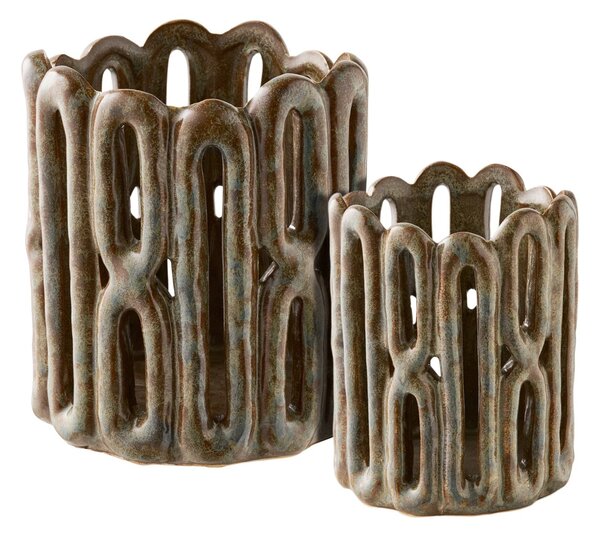 Set 2 piese Suporturi pentru lumanari, Maro, 12.5x12.5x14.5 cm