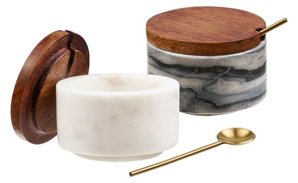 Set 2 piese Recipiente depozitare cu lingurita Pauri, Gri, 7.5x7.5x5 cm