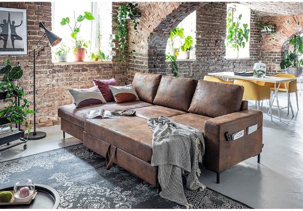 Colțar extensibil din imitație de piele cu șezlong pe partea stângă Miuform Lofty Lilly Vintage, maro