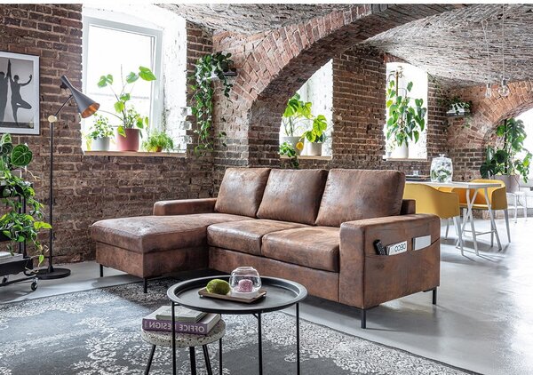 Colțar extensibil din imitație de piele cu șezlong pe partea stângă Miuform Lofty Lilly Vintage, maro