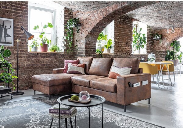 Colțar extensibil din imitație de piele cu șezlong pe partea stângă Miuform Lofty Lilly Vintage, maro