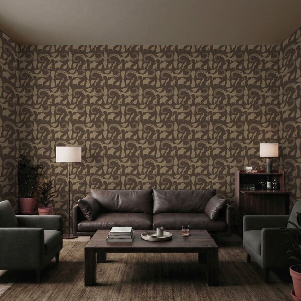 Tapet Model forestier cu animale pe fundal maro, Tapet natura, a01121 : Uwalls.ro