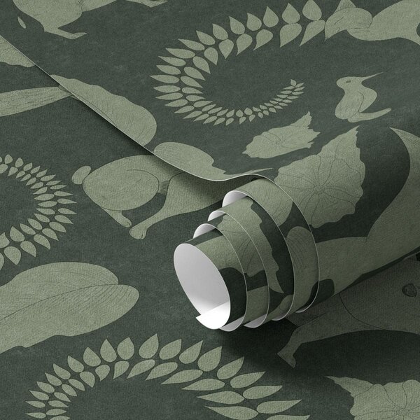 Tapet Model forestier cu animale pe fundal verde, Tapet natura, a01121v1 : Uwalls.ro