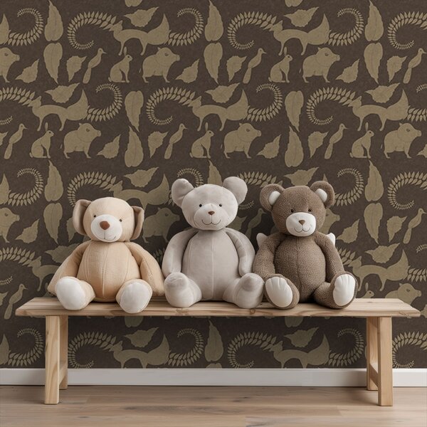 Tapet Model forestier cu animale pe fundal maro, Tapet natura, a01121 : Uwalls.ro