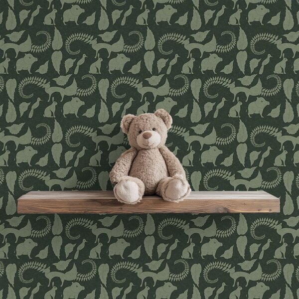 Tapet Model forestier cu animale pe fundal verde, Tapet natura, a01121v1 : Uwalls.ro