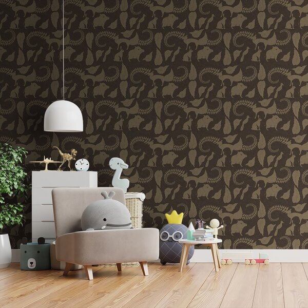 Tapet Model forestier cu animale pe fundal maro, Tapet natura, a01121 : Uwalls.ro
