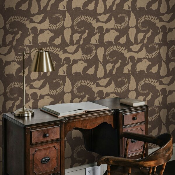 Tapet Model forestier cu animale pe fundal maro, Tapet natura, a01121 : Uwalls.ro