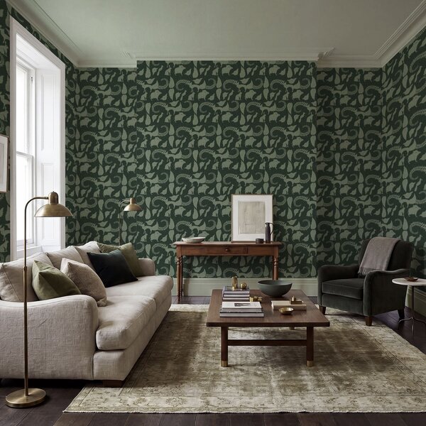 Tapet Model forestier cu animale pe fundal verde, Tapet natura, a01121v1 : Uwalls.ro