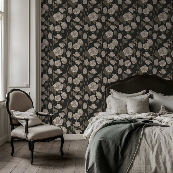 Tapet Model floral cu trandafiri pe fundal închis, Tapet flori, a01123 : Uwalls.ro