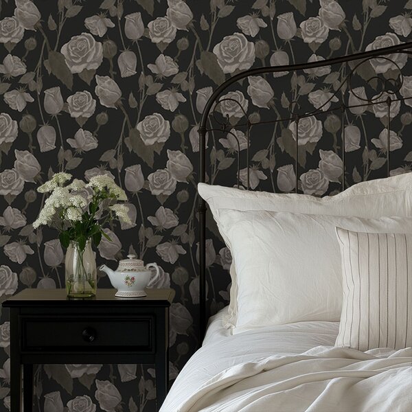 Tapet Model floral cu trandafiri pe fundal închis, Tapet flori, a01123 : Uwalls.ro