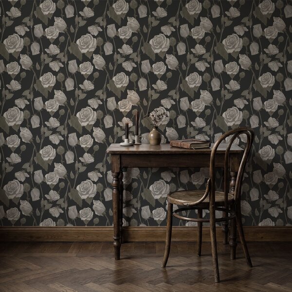 Tapet Model floral cu trandafiri pe fundal închis, Tapet flori, a01123 : Uwalls.ro