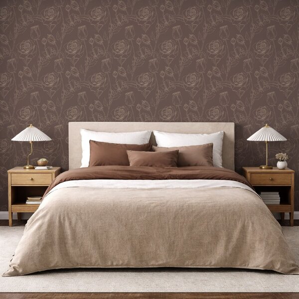 Tapet Model cu trandafiri negri pe fond maro, Tapet flori, a01124v1 : Uwalls.ro