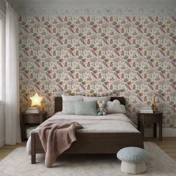 Tapet Model colorat pentru copii cu păsări și iepuri, Tapet modern, a01127 : Uwalls.ro